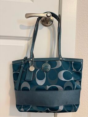 COACH factory F20429 Signature Sateen Tote Shoulder Bag in Teal Blue Metallic